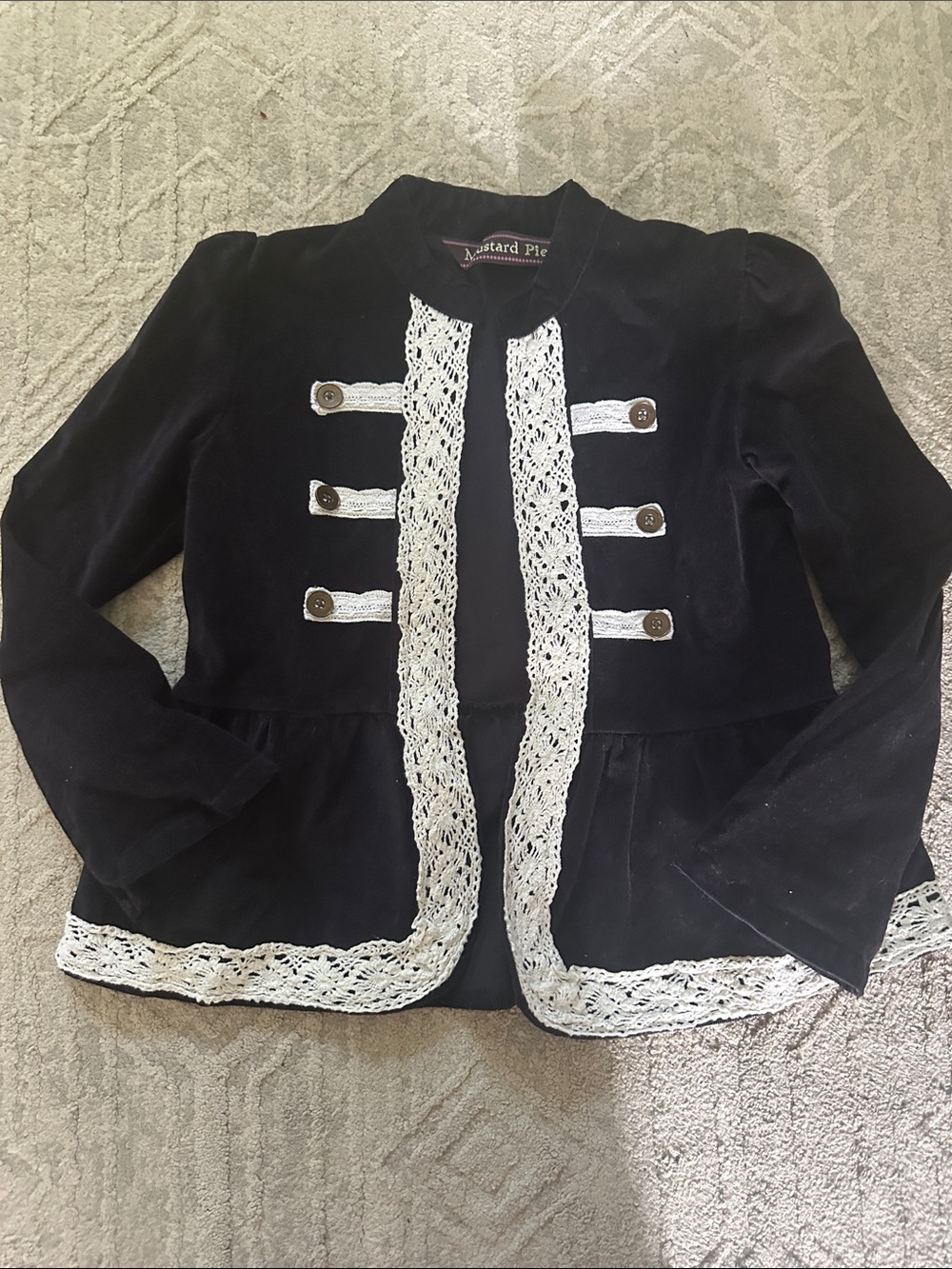 Mustard Pie Black Velvet Jacket with White Lace Trim